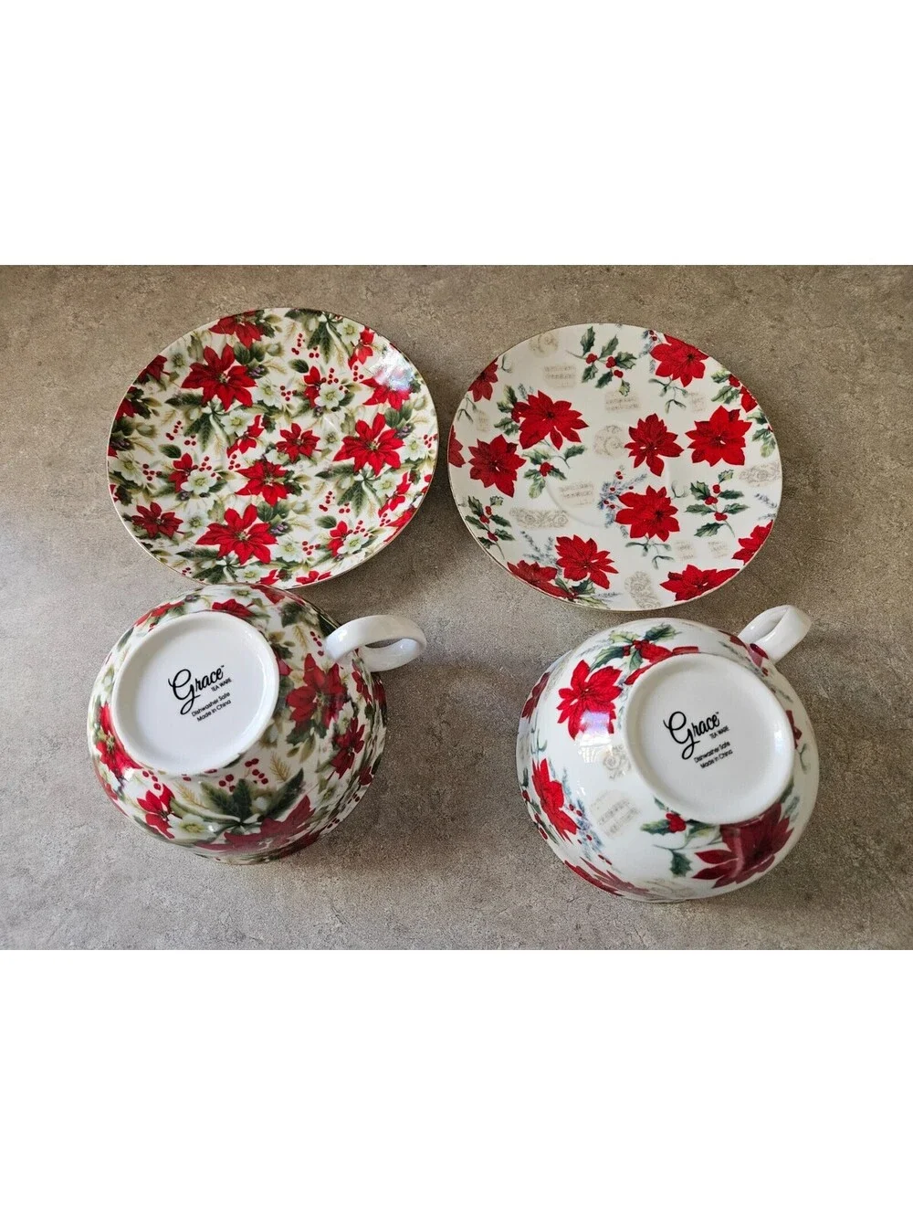 Grace’s Teaware Tea Set of 2 Cups & Saucers (Large) with Poinsettias